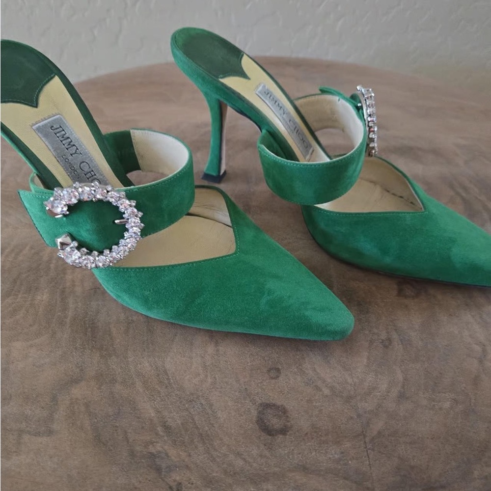 Jimmy Choo Emerald Green Suede Heels with Crystal Buckle